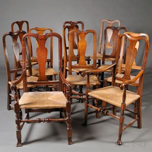 Assembled Set of Eleven Queen Anne Rush Seat Dining Chairs