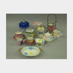Fourteen Pieces of Assorted Decorated Porcelain and Glass Table Items.