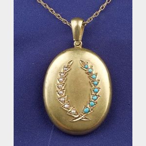 Antique 18kt Gold Turquoise and Seed Pearl Locket