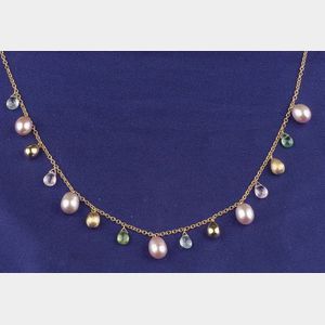 18kt Gold, Freshwater Pearl, and Gem-set Fringe Necklace