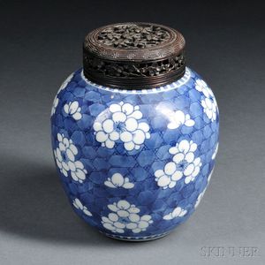 Blue and White Jar with Wood Cover