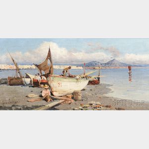 Giuseppe Laezza (Italian, 1835-1905) Fishermen's Boats on the Sand, Naples