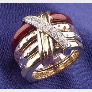 18kt Tricolor Gold, Enamel and Diamond Ring, La Nouvelle Bague