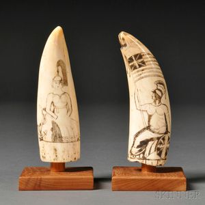 Pair of Scrimshaw-decorated Whale's Teeth