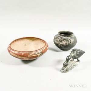 Two Pottery Bowls and a Carved Soapstone Goose. 