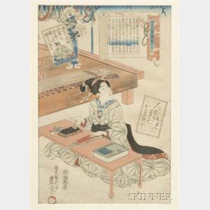 Toyokuni III: A Lady Seated at a Writing Desk While Studying Art, Literature, and Music
