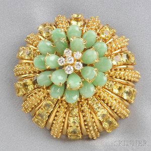 18kt Gold Gem-set Flower Pendant/Brooch