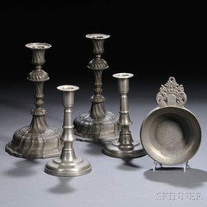 Two Pairs of Pewter Candlesticks and a Porringer