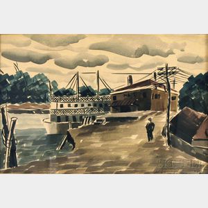Hobson Lafayette Pittman (American, 1890/1899-1972) Riverboat at Dock.