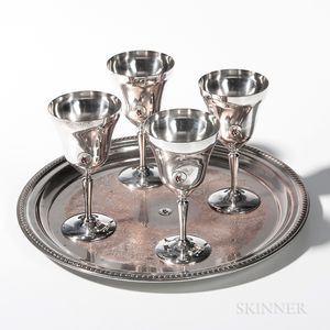 Set of Four Red Sox Enamel-decorated Silver-plate Wineglasses and Tray