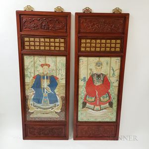 Pair of Ancestral Portraits Framed in Carved Wood Panels