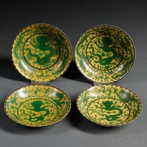 Four Yellow-glazed Green-enameled Dishes