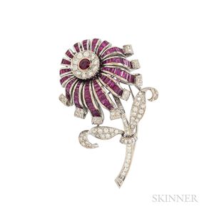 18kt White Gold, Ruby, and Diamond Flower Brooch