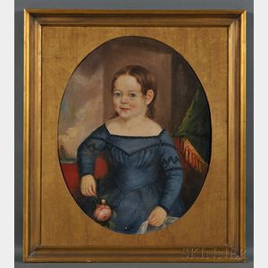 American School, 19th Century Portrait of a Young Girl Wearing a Blue Dress Holding a Pink Rose