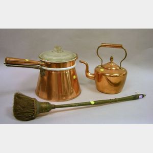 Paint Decorated Turned Wooden Hearth Brush, and Two Copper Cooking Pots.