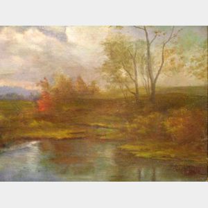 Framed Oil on Canvas Pond-side Landscape
