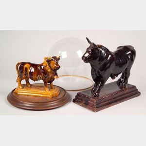 Two Portuguese Brown Glazed Pottery Bull Figural Liquor Dispensers