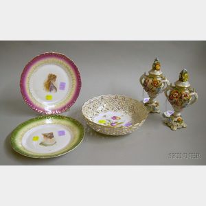 Pair of Small Dresden Hand-painted Encrusted Reticulated Porcelain Potpourri Jars with Covers, a German Hand-pa...