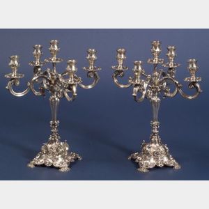 Pair of Portuguese Silver Five Light Rococo Revival Candelabra