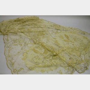 19th Century Italian Net Lace and Gold and Silver Metallic Thread Embroidered Shawl