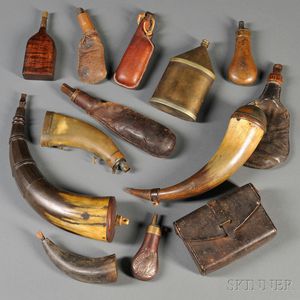 Grouping of Powder Horns, Flasks, and Shot Pouches
