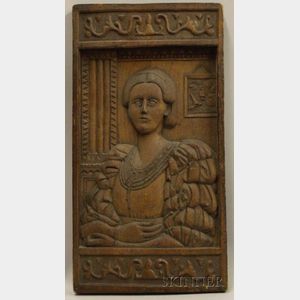 Carved Pine Bas Relief of a Woman in an Interior