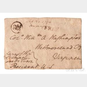 Washington, George (1732-1799) Holograph Envelope Face with Free Frank, Signed as President, 21 September 1794.