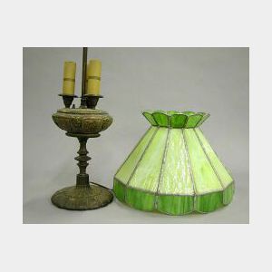 Roseville Pottery Lamp Base and Slag Glass Shade