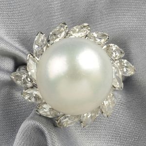 Platinum, South Sea Pearl, and Diamond Ring