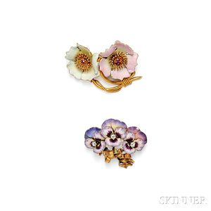 Two Gold and Enamel Flower Brooches