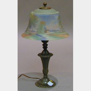 Reverse-painted Glass and Patinated Metal Boudoir Lamp