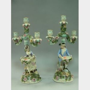 Pair of German Porcelain Figural and Floral Encrusted Three-Light Candelabra.