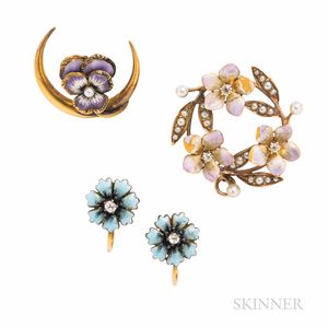 Group of Art Nouveau 14kt Gold and Enamel Flower Jewelry