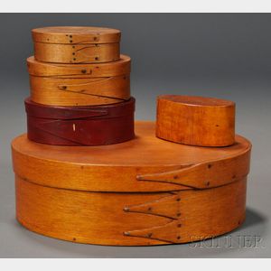 Four Small Lapped-seam Oval Covered Boxes and a Box Form