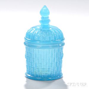 Light Translucent Blue Pressed Glass Basket Pattern Toothpick Holder