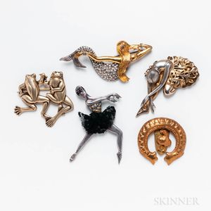 Five Vintage Costume Figural Brooches