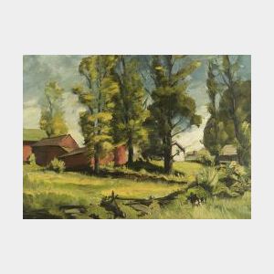 L.L. (Barney) Schultz (American, b. 1903) Farm Landscape with Outbuildings
