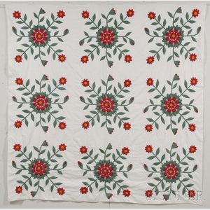 Appliqued and Stuffed Cotton "California Rose" Quilt Top or Summer Spread