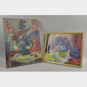 Marguerite Neuhauser Shafer (American, 1888-1976) Two Floral Still Lifes: Blue Flowers in Green Vase