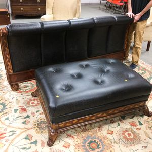 Faux Alligator-upholstered Inlaid Walnut King-size Bed and Bed Stool. 