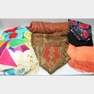 Two Embroidered Silk and Two Other Silk Piano Shawls and Three Wool Paisley Shawls