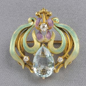 Art Nouveau 14kt Gold, Aquamarine, Enamel, and Diamond Watch Pin