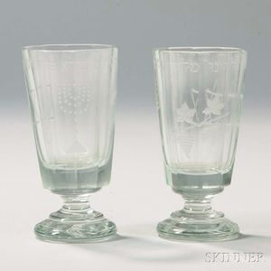 Pair of Bohemian Colorless Etched Glass Footed Goblets