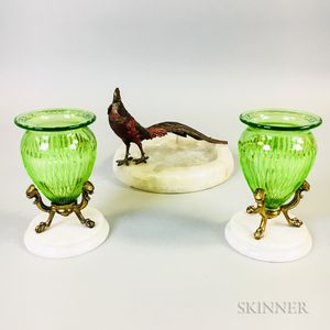 Pair of Bronze-mounted Green Cut Glass Urns and a Cold-painted Bronze Rooster and Marble Ashtray