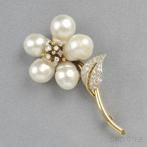 14kt Gold, Baroque Pearl, and Diamond Brooch
