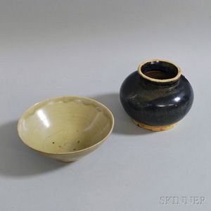 Black-glazed Miniature Jar and a Green-glazed Bowl