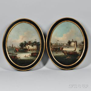 Chinese School, Late 19th Century Pair of Paintings of Harbor Activities