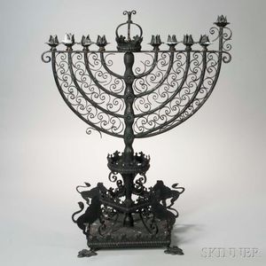 Monumental Black-painted Metal Hanukkah Lamp