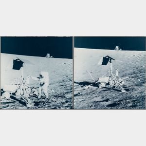 Apollo 12, Astronaut Charles Conrad Jr. with the Surveyor 3 Spacecraft and the Surveyor 3 Spacecraft with the Lunar Module in the...