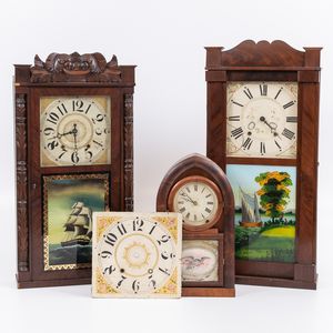 Three Early American Shelf Clocks and Tall Clock Dial